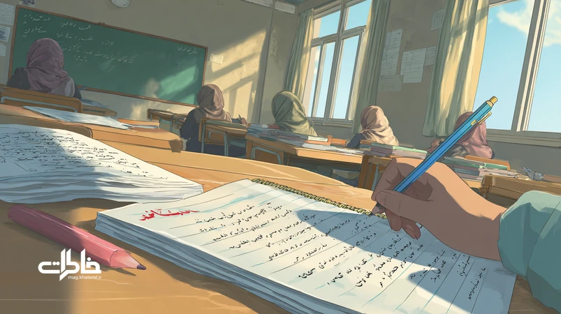 کلاس انشا در مدرسه ایرانی با دفتر مشق، خودکار آبی و تصحیح قرمز معلم، نمادی از قصه‌های مدرسه و نوشتن اولین خاطرات شخصی