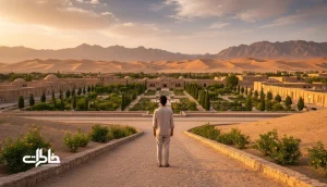 تصویر طبیعت‌محور و آرام از چشم‌انداز وسیع ایرانی با یک مرد جوان که حس و معنی اسم ماهان و خاطره‌سازی را تداعی می‌کند