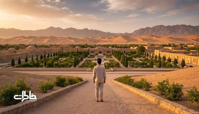 تصویر طبیعت‌محور و آرام از چشم‌انداز وسیع ایرانی با یک مرد جوان که حس و معنی اسم ماهان و خاطره‌سازی را تداعی می‌کند