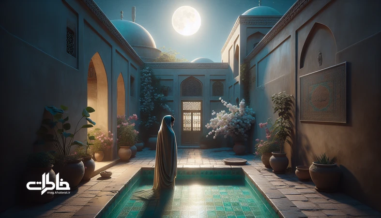 تصویر حیاط ایرانی در نور مهتاب با حس آرامش؛ مناسب مقاله درباره معنی و حس اسم مهتاب و خاطره‌سازی با آن