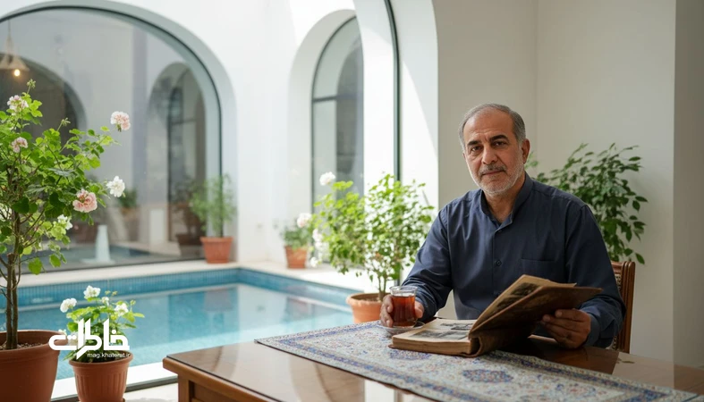 تصویر نوستالژیک از آقای ایرانی با آلبوم عکس و چای در حیاط خانه؛ مناسب مقاله درباره معنی و حس اسم منوچهر