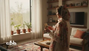 زن ایرانی در خانه‌ای روشن کنار پنجره، در حال نگاه کردن به یک عکس قدیمی و یادگاری؛ تصویر نوستالژیک مرتبط با معنی اسم مرضیه و رضایت عمیق