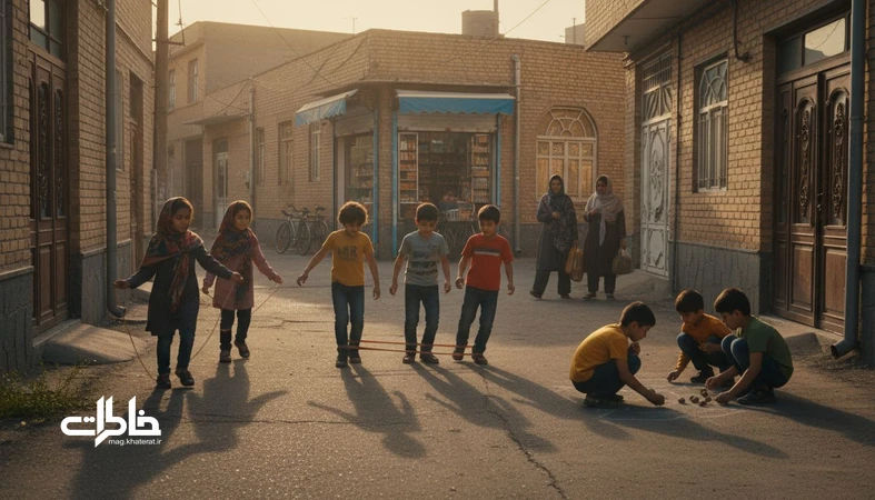 کودکان در کوچه ایرانی در حال بازی‌های خیابانی قدیم مثل مشدی‌گردو، کش‌بازی و طناب‌زدن با حال‌وهوای زنده و محله‌ای
