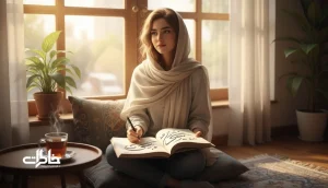 تصویر شاخص درباره معنی اسم شادی و حس روشن و خاطره‌ساز آن؛ دختری ایرانی کنار پنجره با نور صبح و دفتر یادداشت