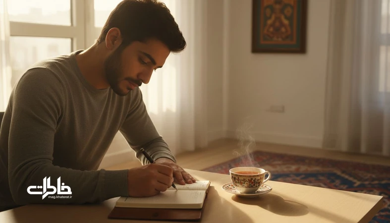 تصویر یک مرد ایرانی در حال نوشتن در دفتر کنار پنجره با نور گرم؛ نماد حس و معنی اسم مهراد و خاطره‌سازی آرام