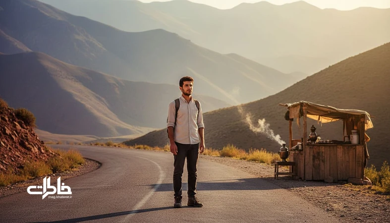 تصویر شاخص مقاله معنی اسم مهران؛ مرد ایرانی در جادهای کوهستانی با نور صبحگاهی و حس مهر، استواری و خاطره