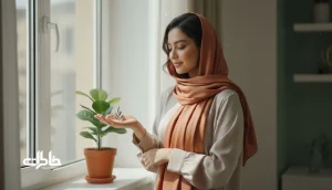 دختری ایرانی کنار پنجره با نور ملایم و یک سنجاق‌سینه طرح برگ؛ تصویر نمادین از نام ملیکا، وقار زنانه و خاطره‌های ماندگار