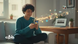 مقایسه ماندگاری میم‌ها و خبرها در حافظه؛ جوان ایرانی با گوشی و پس‌زمینه صفحه خبر در فضای روشن خانه_مجله خاطرات