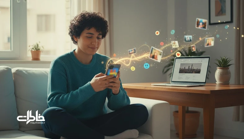 مقایسه ماندگاری میمها و خبرها در حافظه؛ جوان ایرانی با گوشی و پسزمینه صفحه خبر در فضای روشن خانه_مجله خاطرات