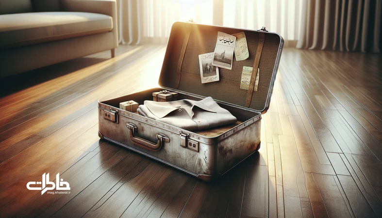 چمدان فلزی قدیمی پدر با خط‌وخش‌ها و چند یادگاری داخل آن؛ نمادی از آرشیو سیّار خانواده و حافظهٔ شخصی