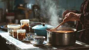 میانسالی در آشپزخانهٔ ایرانی؛ دست‌های یک زن میانسال کنار قابلمه و سرویس چای در فضای آپارتمانی، نماد خاطره و مراقبت روزمره