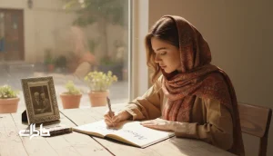 تصویر زنی ایرانی در حال نوشتن اسم محدثه در دفتر کنار عکس خانوادگی قدیمی؛ نماد معنی و حس نوستالژیک نام محدثه