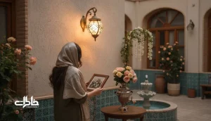 چراغ روشن در حیاط خانه ایرانی کنار قاب عکس خانوادگی؛ تصویر نوستالژیک مرتبط با معنی اسم منیر و یاد و خاطره