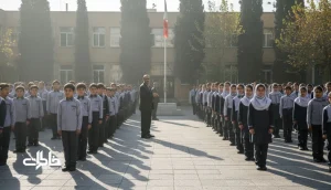 دانش‌آموزان ایرانی در صف‌های منظم حیاط مدرسه هنگام سرود صبحگاهی کنار پرچم و بلندگو، با حال‌وهوای صبح سرد و بوی گچ