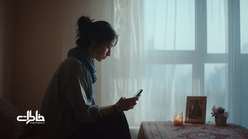تصویر مفهومی از سوگ در شبکه‌های اجتماعی و هشتگ سوگ؛ فردی ایرانی کنار شمع و قاب عکس در حال مرور خاطره و عزاداری آنلاین