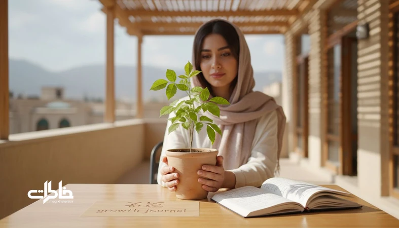تصویر دختری ایرانی که نهالی سبز را در گلدان روی بالکن خانه نگه داشته؛ نمادی از معنی اسم نهال، امید ریشه دار و رشد تدریجی خاطره ها