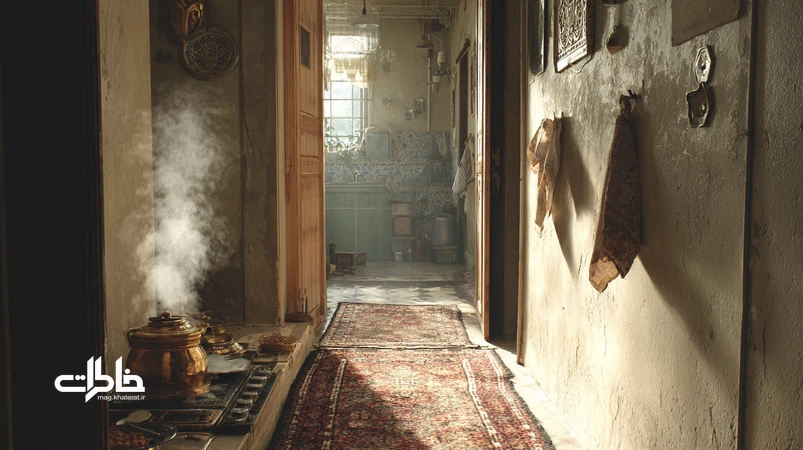 راهروی باریک خانه قدیمی ایرانی منتهی به مطبخ با قالیچه راهرو، بخار برنج و فضای مهمان‌داری پشت‌صحنه
