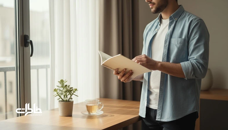 تصویر مرد جوان ایرانی کنار پنجره با دفتر سفید باز؛ نماد معنی اسم نویان و حس شروع آرام و تازه.مجله خاطرات