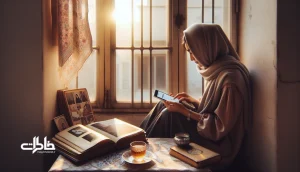 تصویر دختری ایرانی کنار پنجره با آلبوم عکس و دفترچه یادداشت؛ فضایی لطیف و عاشقانه درباره معنی اسم نازنین و ریشه اسم نازنین