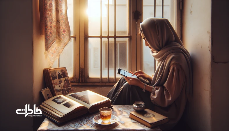 تصویر دختری ایرانی کنار پنجره با آلبوم عکس و دفترچه یادداشت؛ فضایی لطیف و عاشقانه درباره معنی اسم نازنین و ریشه اسم نازنین