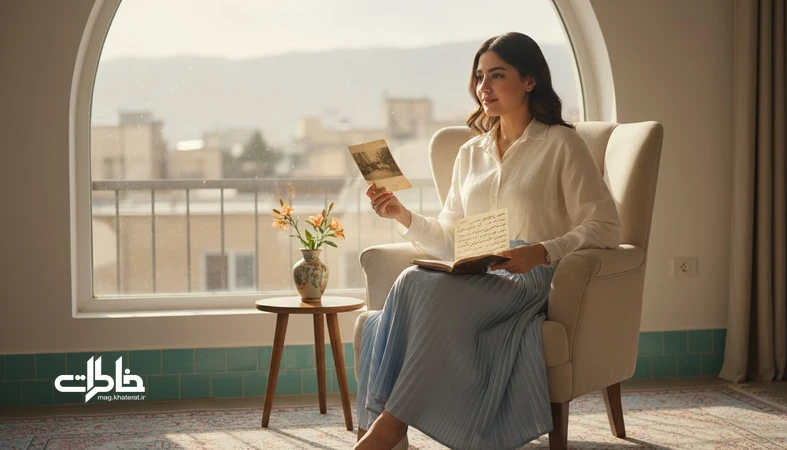تصویر دختری ایرانی کنار پنجره با عکس قدیمی و دفترچه یادداشت؛ مناسب مقاله معنی اسم نگار و حس خاطره‌ساز آن