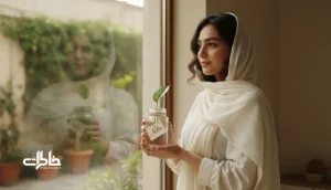 تصویر لطیف و طبیعت محور از حال و هوای اسم نلین؛ دختری ایرانی کنار پنجره با نور صبح و شیشه ای کوچک با برگ سبز، نماد آرامش و خاطره های نزدیک.مجله خاطرات