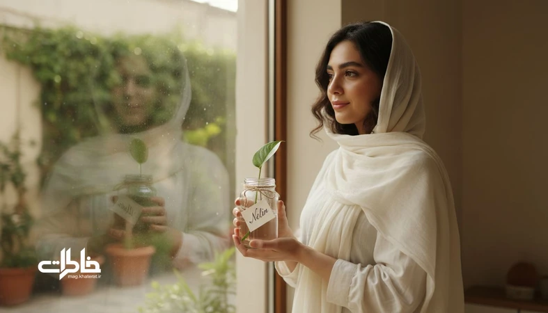 تصویر لطیف و طبیعت محور از حال و هوای اسم نلین؛ دختری ایرانی کنار پنجره با نور صبح و شیشه ای کوچک با برگ سبز، نماد آرامش و خاطره های نزدیک.مجله خاطرات