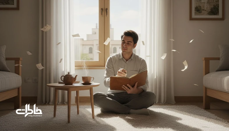 فردی ایرانی کنار پنجره در حال نوشتن در دفتر، نماد خنثی‌سازی خاطرات بد و کم‌کردن بار احساسی گذشته با ابزارهای نرم