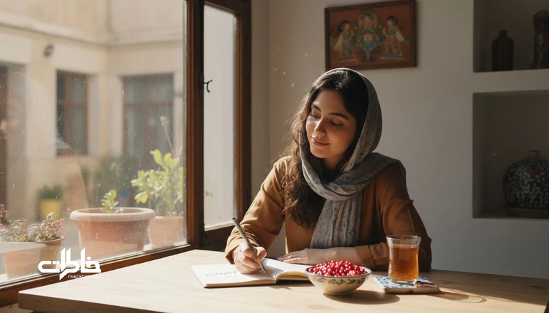تصویر دختری ایرانی در حال نوشتن اسم نیکا در دفتر؛ فضایی آرام و خاطره‌انگیز برای مقاله معنی و حس اسم نیکا