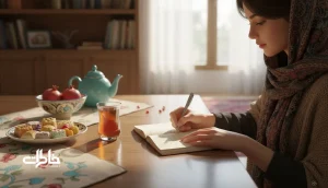 تصویر دختری ایرانی در حال نوشتن در دفترچه کنار چای و شیرینی، نماد حس اسم نوشین و لحظه‌های شیرین و ماندگار