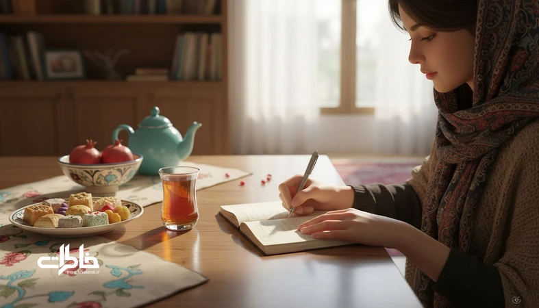 تصویر دختری ایرانی در حال نوشتن در دفترچه کنار چای و شیرینی، نماد حس اسم نوشین و لحظه‌های شیرین و ماندگار