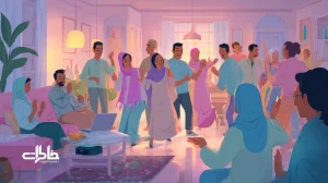 مهمانی خانوادگی ایرانی با رقص روی ریتم ۶/۸ دهه هشتاد در سالن آپارتمان، با حضور چند نسل و فضای نوستالژیک