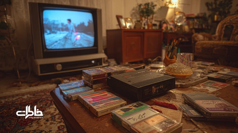 نوستالژی نوارهای ویدئو و کاست در یک پذیرایی ایرانی قدیمی با تلویزیون برفکی و نوارهای دست‌نویس