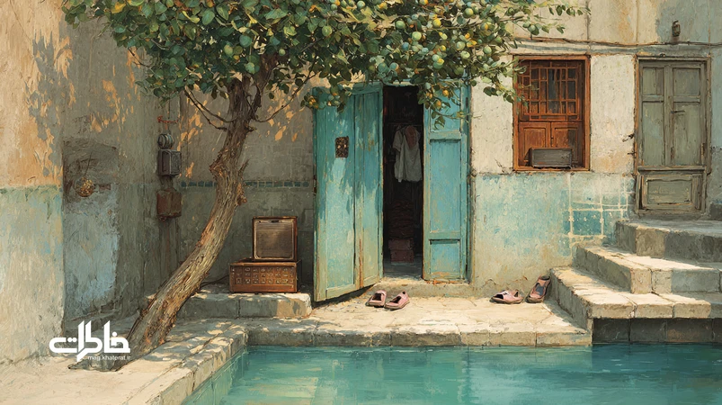 حیاط قدیمی شهر کوچک ایرانی با درخت توت، حوض آبی و رادیو که فضای نوستالژیک و ادبیات شهرهای کوچک را تداعی میکند