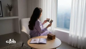 تصویر مفهومی از نام پریزاد با پالت رنگی یاسی و آبی مه آلود در فضای ایرانی، همراه با دفترچه خاطرات و یادگاری‌های کوچک