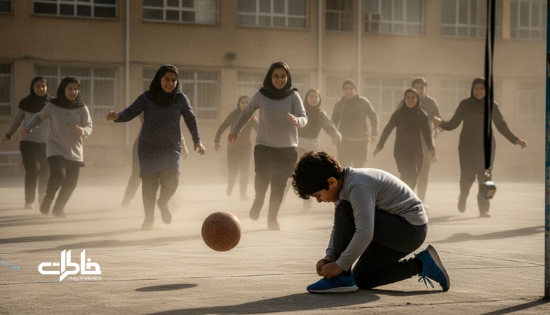 دانش‌آموزان ایرانی در زنگ ورزش در حیاط مدرسه؛ بازی گروهی، گرد و خاک و هیجان بچه‌ها برای بازی نه نمره