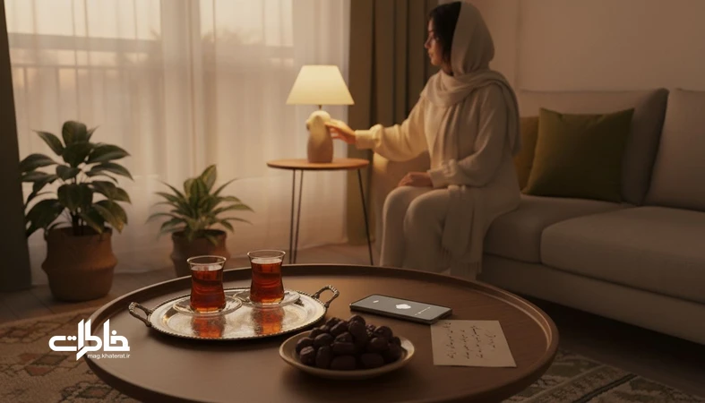 نور گرم عصر در خانه ایرانی و یک لحظه کوچک خاطره ساز روی میز چای؛ تصویر مفهومی نقطه اوج در خاطره سازی روزمره
