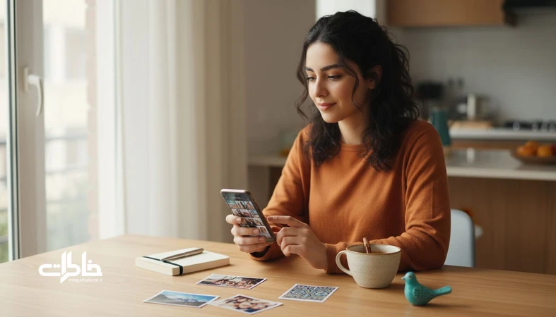 سیستم شخصی ثبت خاطره با عکس و یادداشت کوتاه روی میز روشن کنار چای؛ ترکیب احساس، مکان و متن در یک آیین روزانه_مجله خاطرات