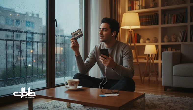 جوان ایرانی کنار پنجره بارانی با هدفون سیمی، کاست قدیمی و موبایل؛ تصویر مرتبط با پلیلیست نوستالژی و موسیقی و خاطرات