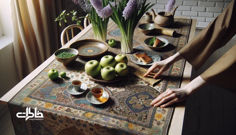 سفره هفت‌سین روی پارچه قلم‌کار اصفهان با نقش‌های اسلیمی و بته، در فضای خانه ایرانی و حس موزه‌بودن خانه