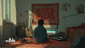 اتاق موسیقی خانگی ایرانی با لپ‌تاپ روی قالیچه سنتی، رادیوی لامپی و میکروفون که تلفیق گوشه‌های ردیف و بیت‌های الکترونیک را نشان می‌دهد