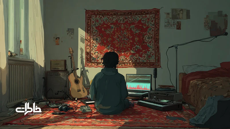 اتاق موسیقی خانگی ایرانی با لپ‌تاپ روی قالیچه سنتی، رادیوی لامپی و میکروفون که تلفیق گوشه‌های ردیف و بیت‌های الکترونیک را نشان می‌دهد