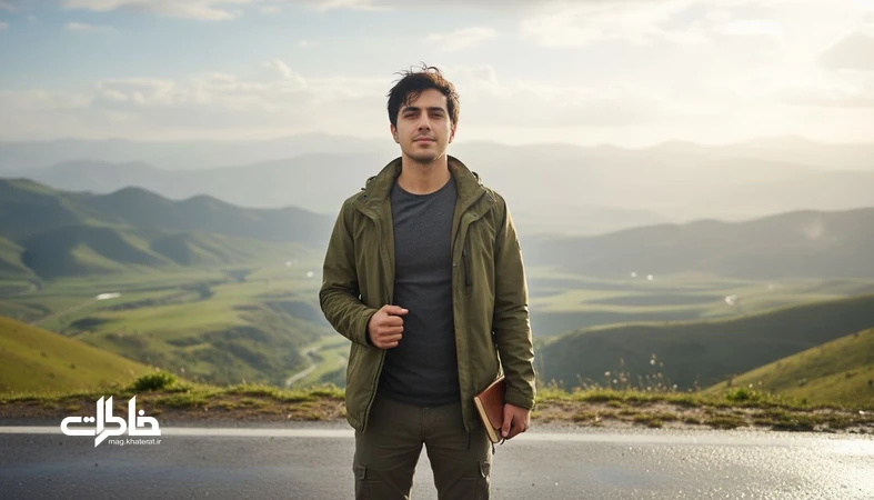 تصویر شاخص اسم رهام با حس آزادی و آرامش؛ جوان ایرانی در طبیعت کوهستانی کنار جاده و فضای خاطره‌ساز.مجله خاطرات