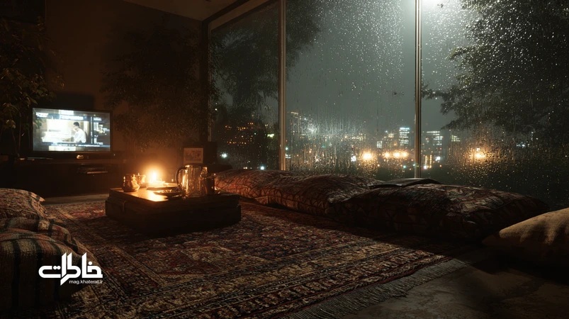 اتاق نشیمن ایرانی در شبی بارانی با بخار چای، باران روی پنجره و تلویزیونی که فیلم ایرانی پخش می‌کند؛ نمادی از حافظه شنیداری مشترک صدای باران و موسیقی فیلم‌های ایرانی