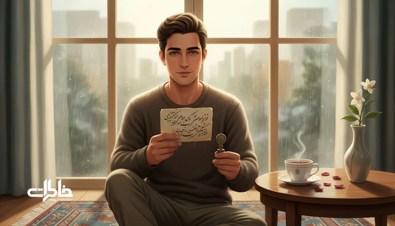 تصویر مرد ایرانی با نامه دست‌نویس و چای کنار پنجره بارانی؛ حال‌وهوای آرام و عاشقانه مرتبط با معنی اسم رامین و خاطره‌سازی