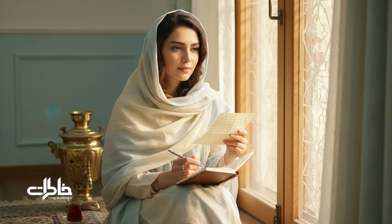 تصویر نوستالژیک از زن ایرانی با نامه دست‌نویس کنار پنجره؛ مرتبط با مقاله اسم راضیه و حس آرامش و رضایت درونی.مجله خاطرات