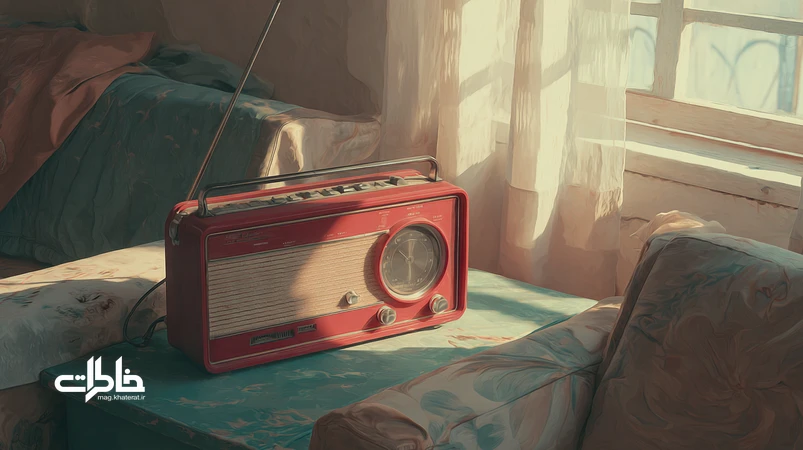 رادیوی قرمز قدیمی در اتاق پذیرایی خانه ایرانی؛ نماد خاطره‌ جمعی، خبرهای جنگ، ترانه‌ها و قصه‌های شب