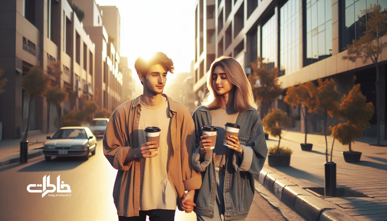 دو دوست ایرانی در حال پیاده‌روی با قهوه بیرون‌بر؛ نماد آیین‌های کوچک برای ترمیم دوستی‌های فرسوده و بازسازی صمیمیت