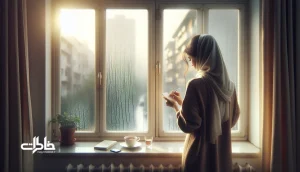 تصویر دختری ایرانی کنار پنجره بارانی با دفترچه یادداشت؛ روایت اسم رسپینا و حس طراوت و خاطره‌های تازه بعد از باران