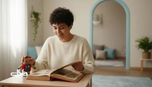 فردی در خانه ایرانی در حال نگاه‌کردن به آلبوم عکس کودکی؛ تصویر مفهومی از ترس از دست دادن، اضطراب جدایی و خاطرات کودکی